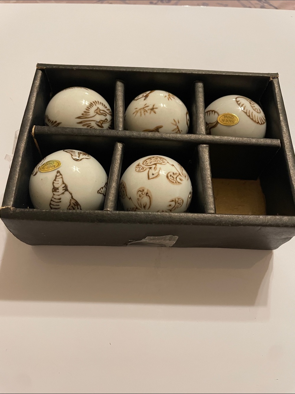Decorative Porcelain Accent Spheres - White with Brown Motif (Set of 5)